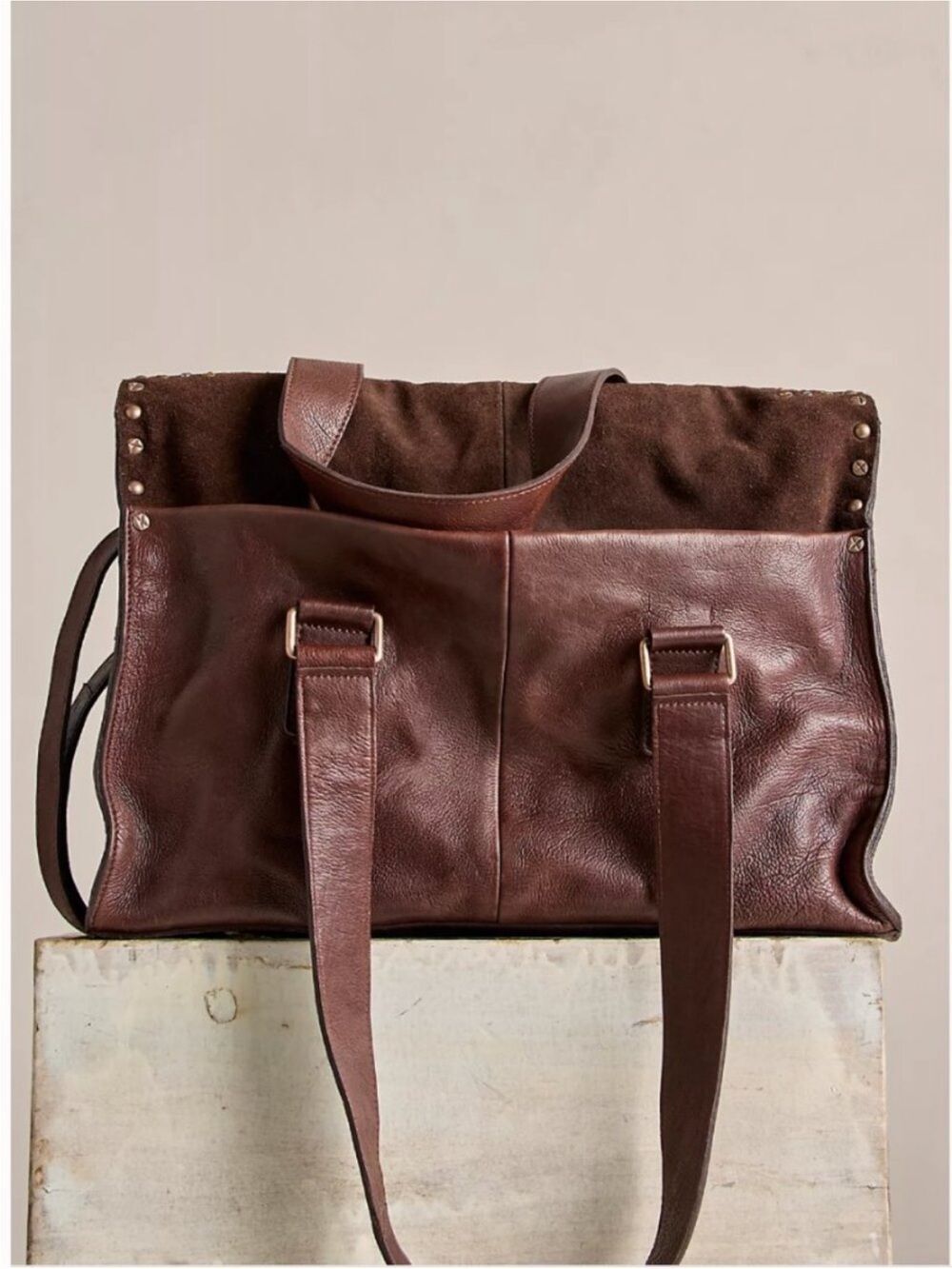Free People Shay Tote Espresso Brown Studded Leather Satchel - Picture 5 of 10